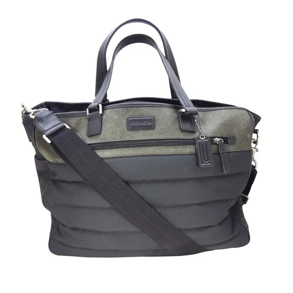 Coach Thompson Mixed Media Puffer Weekender Tote Black Olive Green Nylon Suede